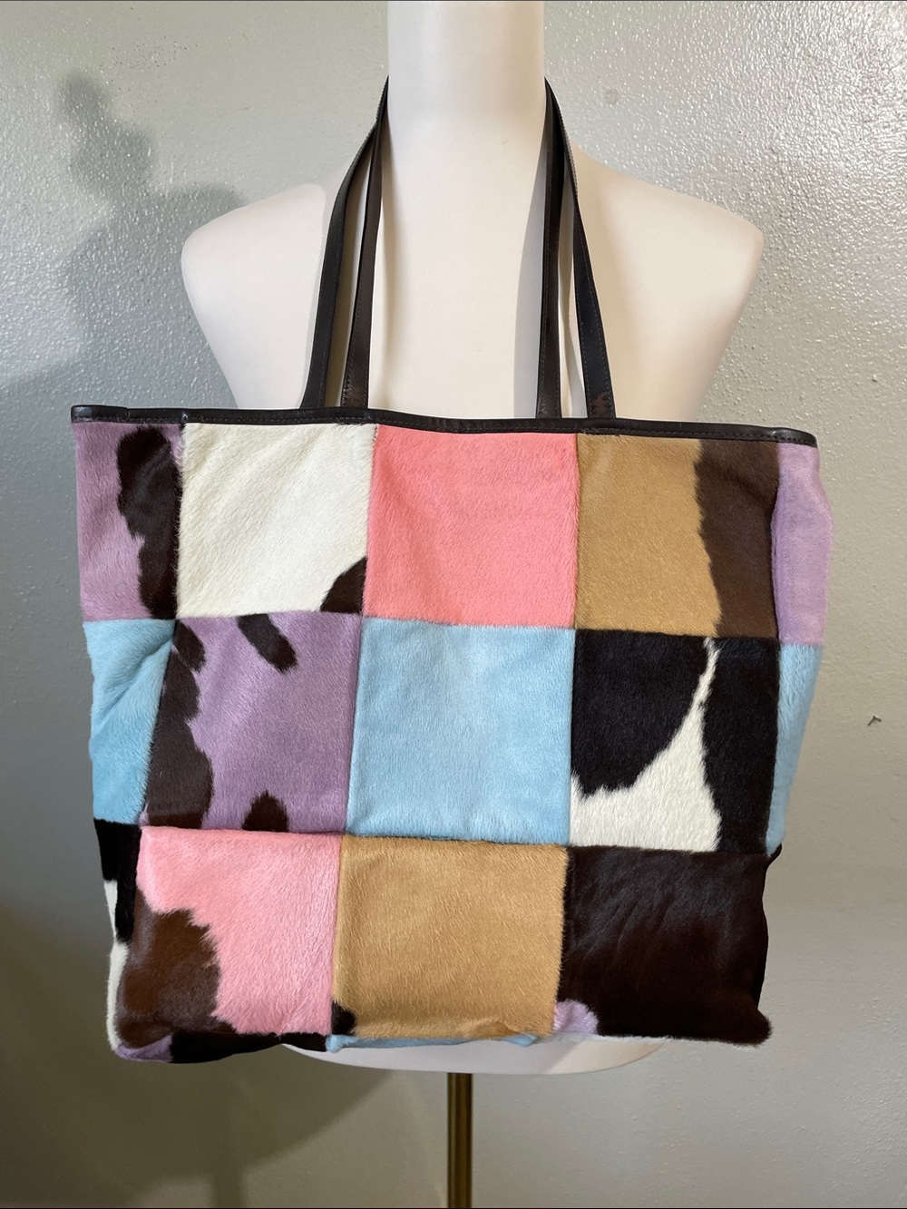 Desmo Italy Hair On Hide Patchwork Tote Suede Leather Hook Loop Closure Bag Boho